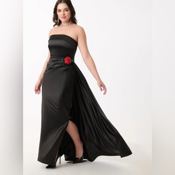 Unique Vintage X Barbie Black Satin Strapless Enchanted Evening Gown Sz L # - Picture 2 of 3